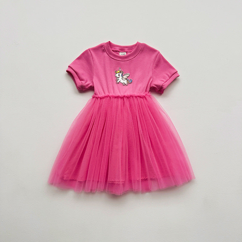 Summer Baby Kids Girls Short-Sleeved Cartoon Unicorn Pattern Mesh Patchwork Dress, MyKids-USA®, Baby & Toddler Dresses, MyKids-USA - Size/Age - 80 (9-12M) - Color - Red -  -  - TR2501082247