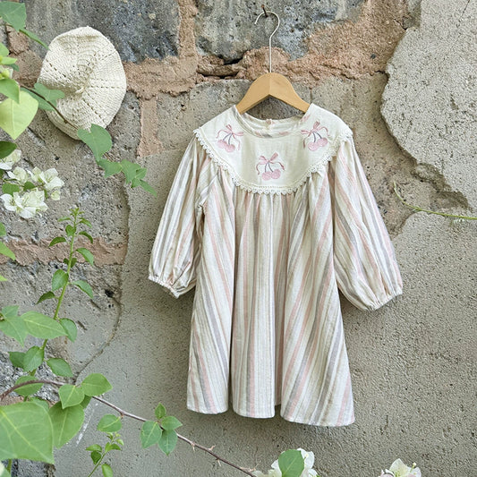 Autumn Arrival Baby Kids Girls Cherry Embroidery Pattern Long Sleeves Striped Dress, MyKids-USA®, Baby & Toddler Dresses, MyKids-USA - Size/Age - 90 (12-24M) - Color - Beige -  -  - TR2509082136-A