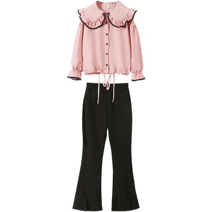 Arrival Autumn Kids Girls Long Sleeves Pink Single Breasted Top and Black Flared Pants Sets