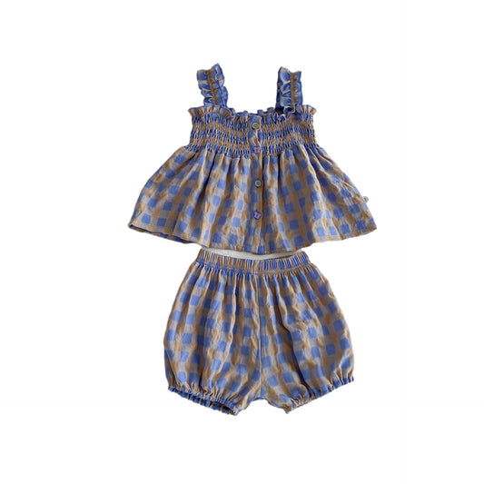 Summer Baby Kids Girls Plaid Strap Dress And Shorts 2-Piece Clothing Set