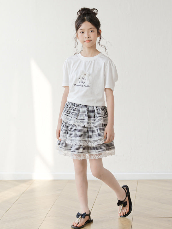 Arrival Summer Baby Kids Girls Short Sleeves Letters Pattern T-shirt and Plaid Skirt