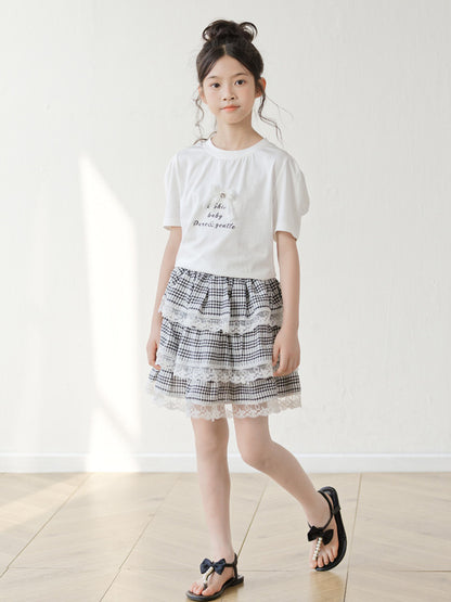 Arrival Summer Baby Kids Girls Short Sleeves Letters Pattern T-shirt and Plaid Skirt