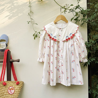 Autumn Arrival Baby Kids Girls Cherry and Floral Pattern Long Sleeves Single Breasted Dress, MyKids-USA®, Baby & Toddler Dresses, MyKids-USA - Size/Age - 90 (12-24M) - Color - Beige -  -  - TR2508312352-A