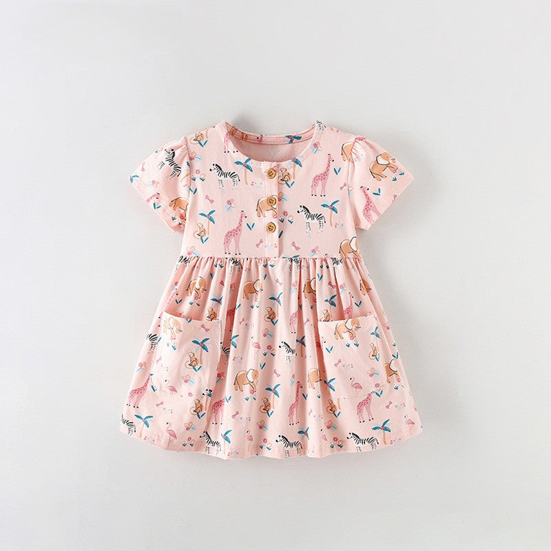 Summer Baby Kids Girls Short Sleeves Animals Cartoon Pattern Dress