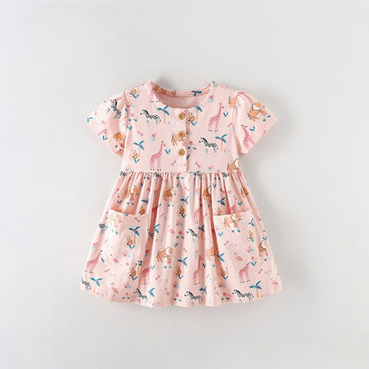 Summer Baby Kids Girls Short Sleeves Animals Cartoon Pattern Dress