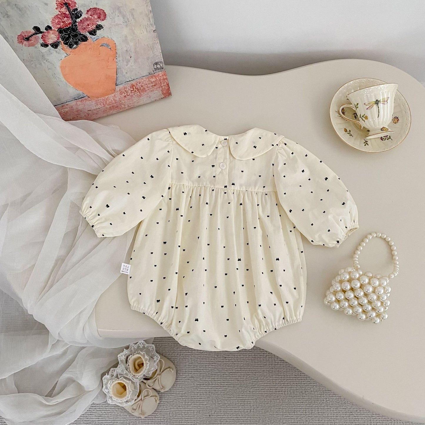Arrival Spring Baby Girls Butterfly-bows Pattern Long Sleeves Peter Pan Collar Bodysuit