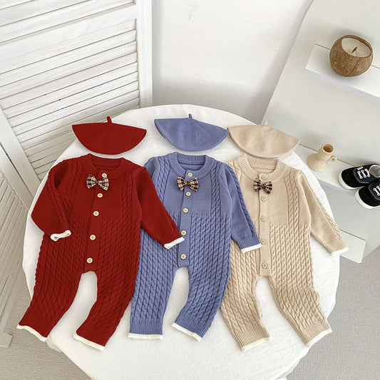 Autumn Arrival Unisex Baby’s Solid Color Geometric Jacquard Pattern Knitted Rompers with Butterfly-bow, MyKids-USA®, Baby One-Pieces, MyKids-USA -  -  -  -  -  -  - 