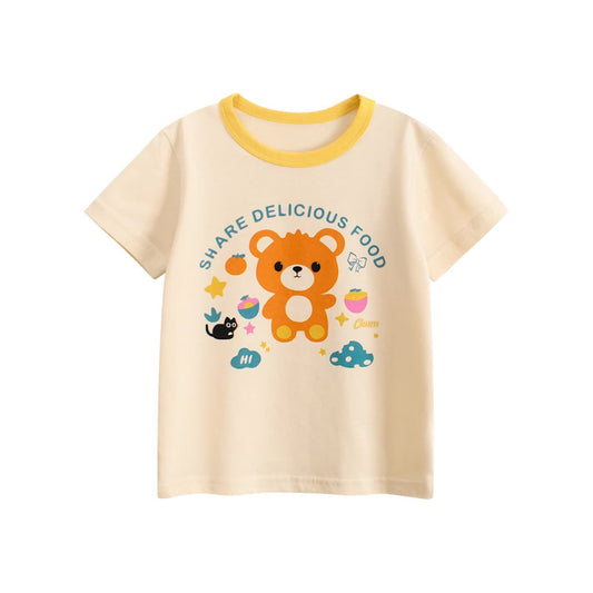 Summer Girls’ Teddy Bear and Letters Print T-shirt in European and American Style, MyKids-USA®, Baby & Toddler Tops, MyKids-USA - Size/Age - 90 (12-24M) - Color - Apricot -  -  - TR2506141740-A
