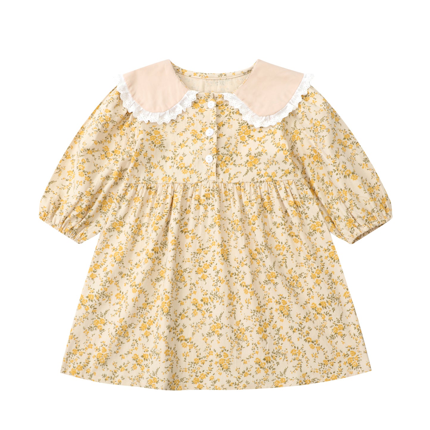 Floral Adorable Baby Turndown Lace Trim Collar Onesies And Girls’ Dress – Princess Sister Matching Set, MyKids-USA®, Baby & Toddler Outfits, MyKids-USA - Size/Age - 66 (3-6M) - Color - Light Yellow -  -  - TR2401112237-D
