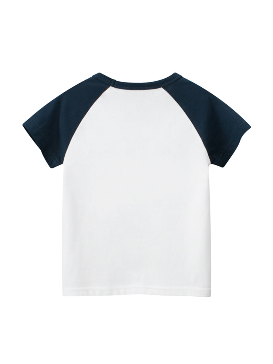 Boys’ Cartoon Print Color Patchwork T-Shirt In European And American Style