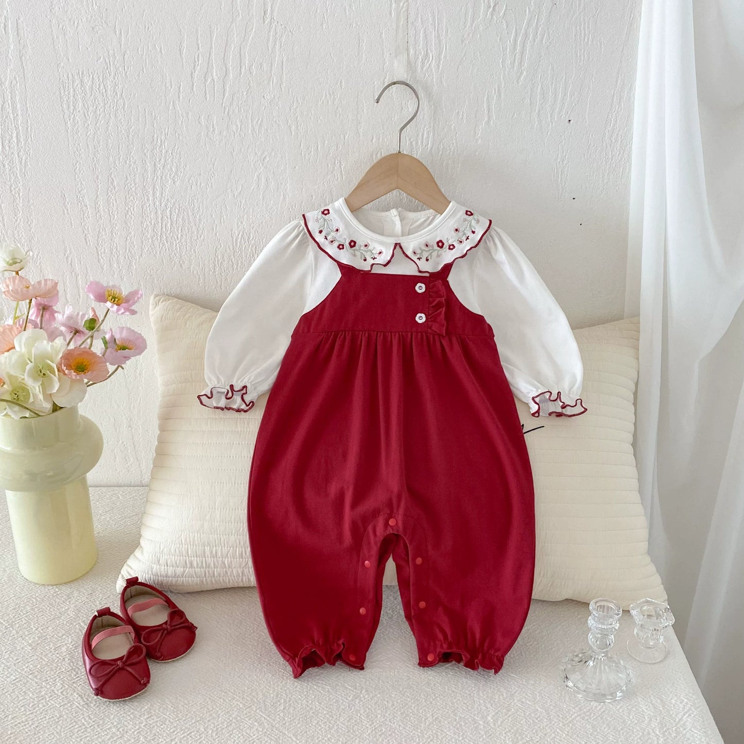 Autumn Arrival Baby Girls Long Sleeves Flowers Embroidered Pattern Collar Color Patchwork Rompers, MyKids-USA®, Baby One-Pieces, MyKids-USA -  -  -  -  -  -  - 