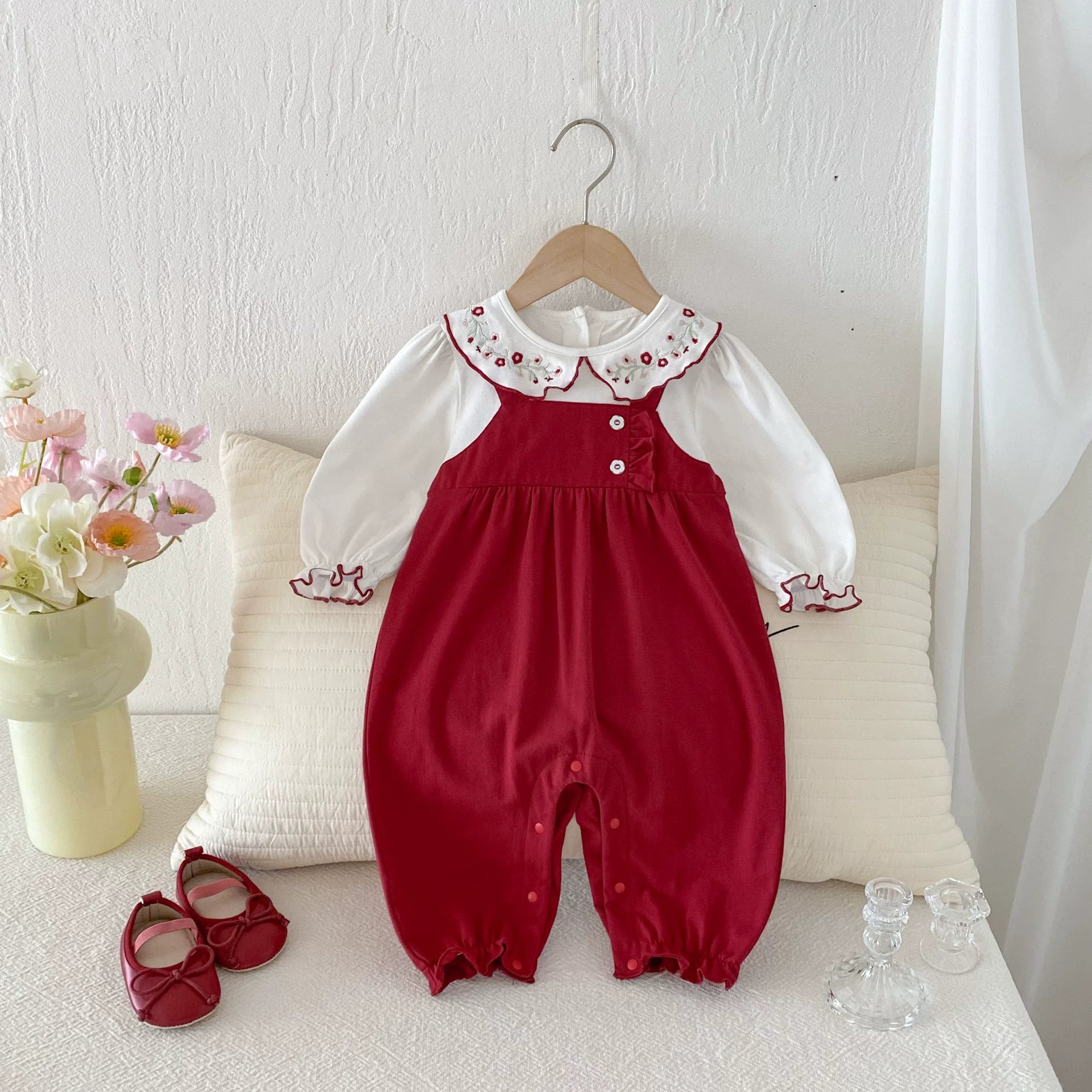 Autumn Arrival Baby Girls Long Sleeves Flowers Embroidered Pattern Collar Color Patchwork Rompers, MyKids-USA®, Baby One-Pieces, MyKids-USA -  -  -  -  -  -  - 