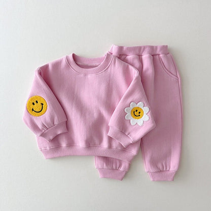Baby Girls Kids Cartoon Pattern Knitted Crew Neck Casual Pullover Solid Color Pants Set