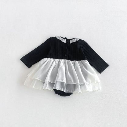 MyKids-USA® Autumn Arrival Baby Girls Long Sleeves Simple Color Patchwork Bodysuit Dress