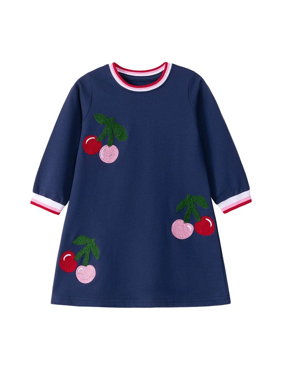 Autumn Arrival Cherry Pattern Long Sleeves Striped Crew Neck Dress for Stylish Girls, MyKids-USA®, Baby & Toddler Dresses, MyKids-USA -  -  -  -  -  -  - 