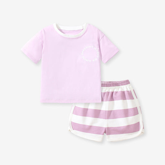 Baby And Kids Girls Purple Short Sleeves Top And Shorts Casual Clothing Set