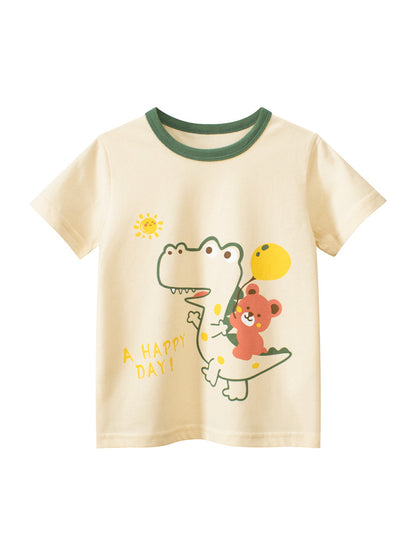 Boys’ Cartoon Dinosaur And Teddy Print T-Shirt In European And American Style, MyKids-USA®, Baby & Toddler Tops, MyKids-USA - Size/Age - 90 (12-24M) - Color - Beige -  -  - TR2407210806-A