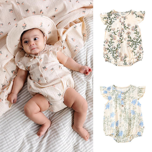 Summer New Arrival Baby Girls Plain Floral Print Fly Sleeves Crew Neck Onesies
