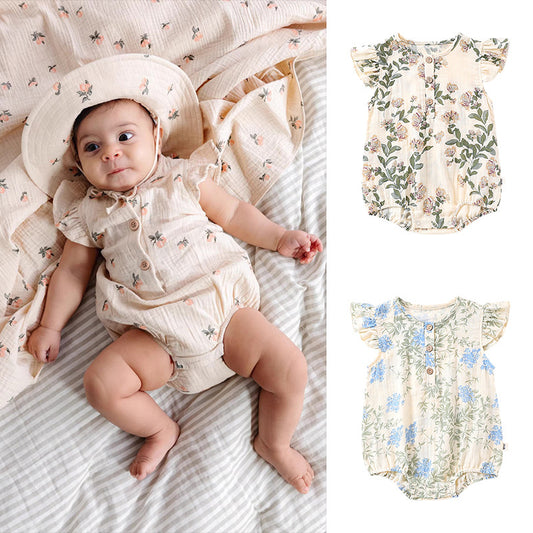 Summer Arrival Baby Girls Plain Floral Print Fly Sleeves Crew Neck Onesies, MyKids-USA®, Baby One-Pieces, MyKids-USA -  -  -  -  -  -  - 