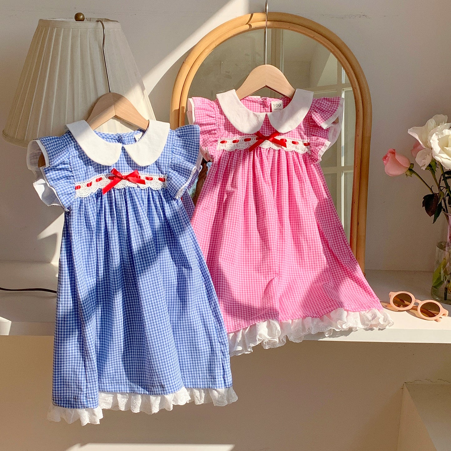 Summer Baby Kids Girls French Fly Sleeves Floral Pattern Embroidered Pattern Plaid Dress, MyKids-USA®, Baby & Toddler Dresses, MyKids-USA -  -  -  -  -  -  - 