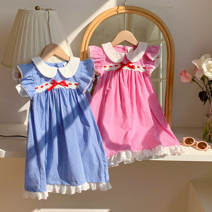 Summer Baby Kids Girls French Fly Sleeves Floral Pattern Embroidered Pattern Plaid Dress, MyKids-USA®, Baby & Toddler Dresses, MyKids-USA -  -  -  -  -  -  - 