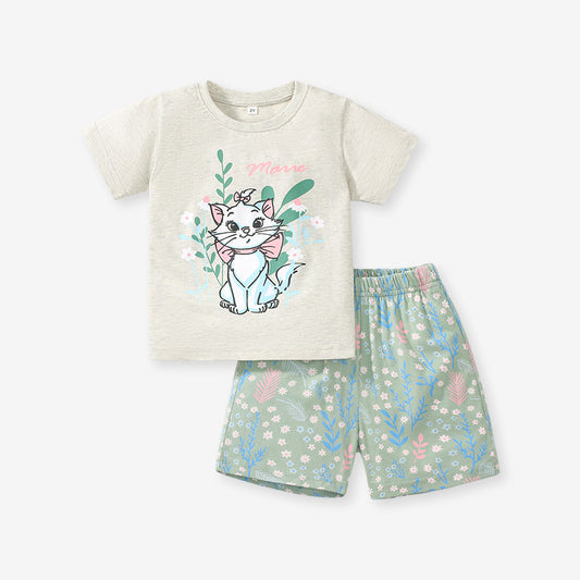 Summer Baby Kids Girls Cat Cartoon Top And Floral Shorts  Casual Clothing Set