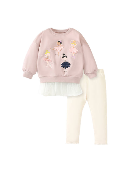 Baby Girls Kids Dancers Cartoon And Letters Printing Pattern Dress Design Pullover And Solid Color Pants Two-Piece Set