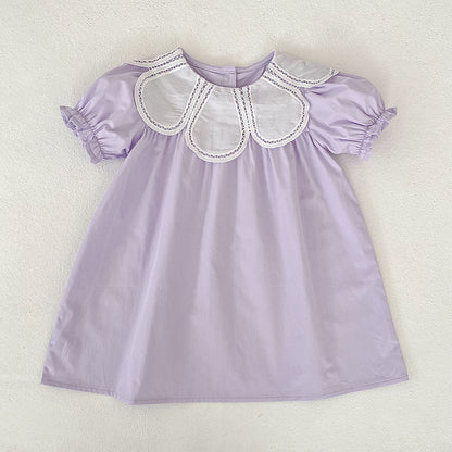 Design Summer Girls Hollow Out Flower Collar Sleeveless Bodysuit and Short Sleeves Dress – Sister Matching Clothing Set