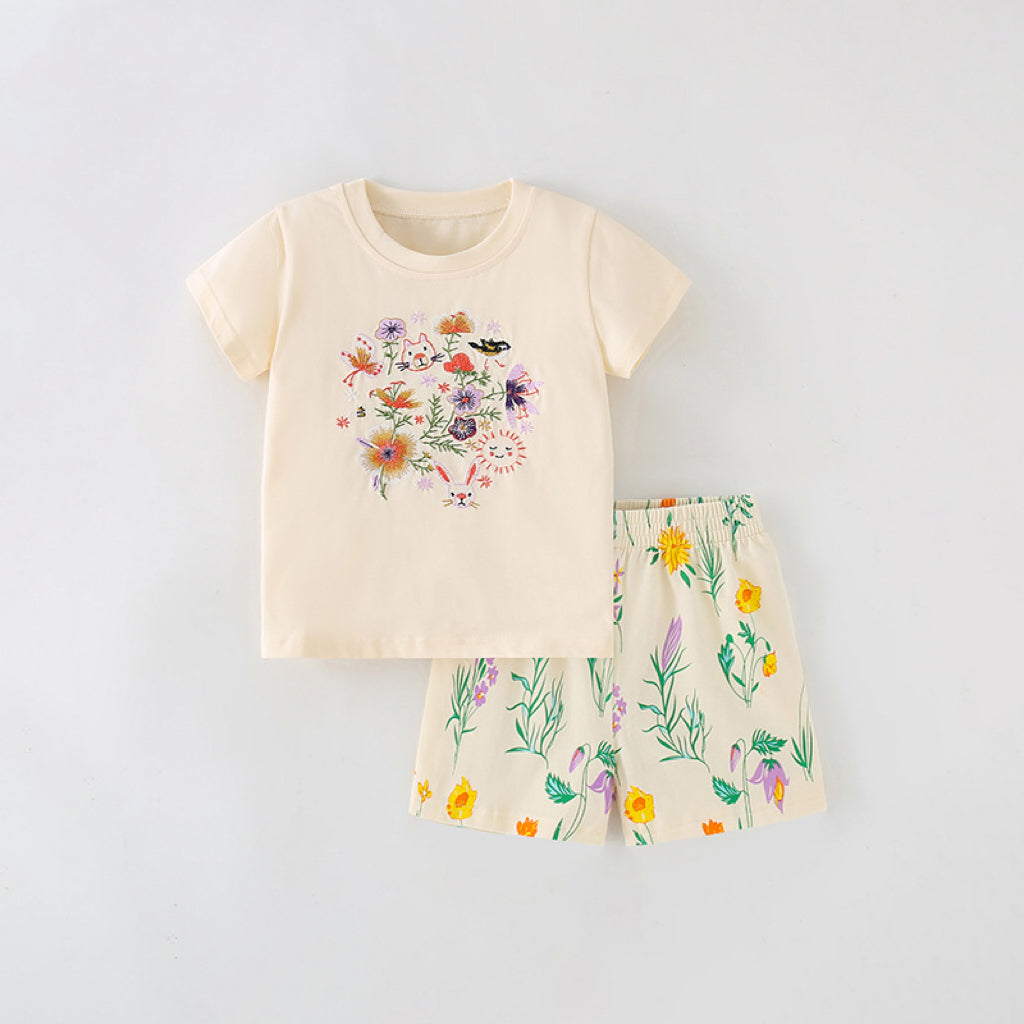 Baby Girl Apricot Flower Pattern O-Neck Summer Quality Sets