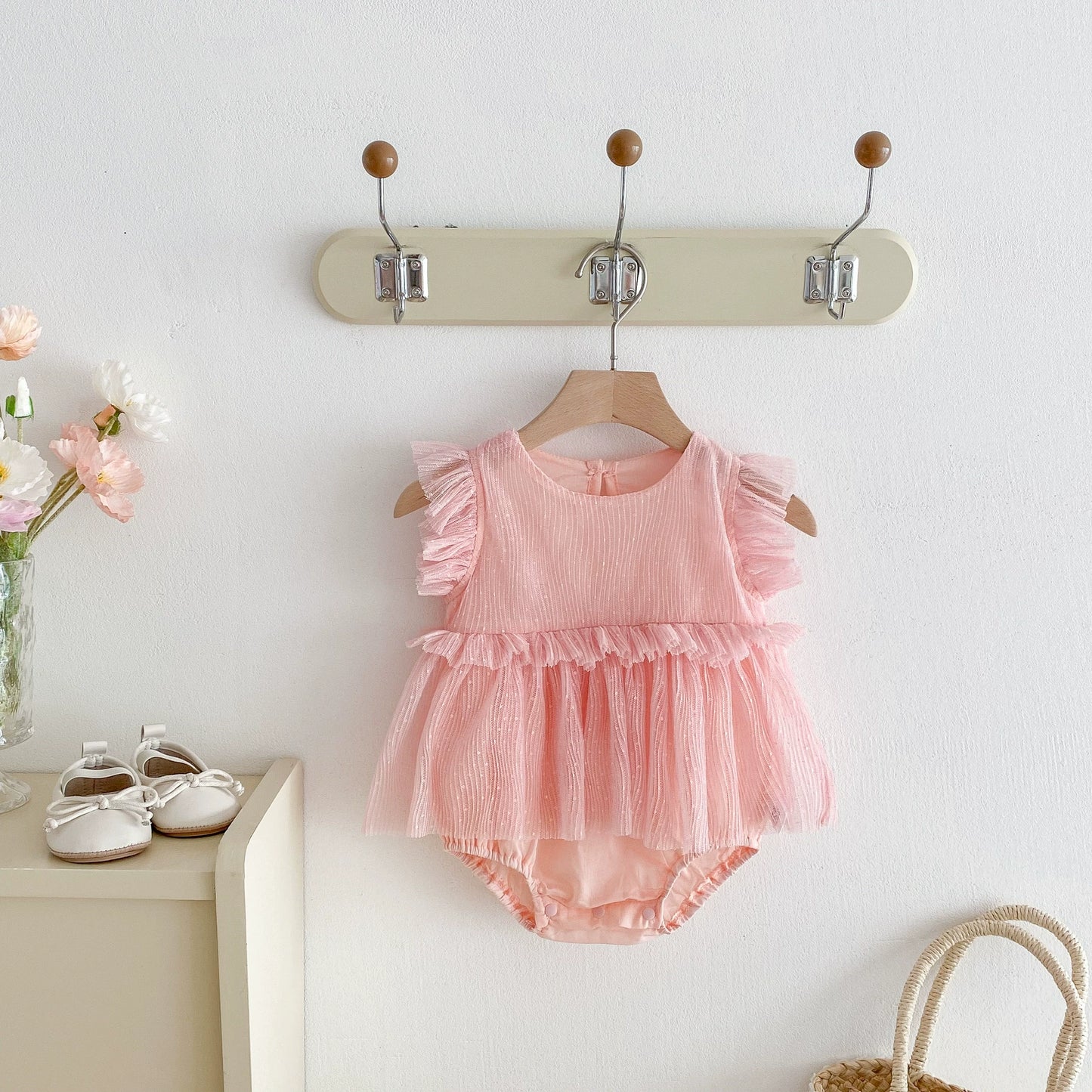 Summer Arrival Baby Girls Solid Color Fly Sleeves Tulle Design Onesies, MyKids-USA®, Baby One-Pieces, MyKids-USA - Size/Age - 66 (3-6M) - Color - Pink -  -  - TR2506232202-B