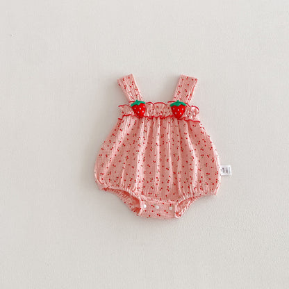 Design Summer Baby Kids Girls Pink Sleeveless Fruits Pattern Strap Bodysuit, MyKids-USA®, Baby One-Pieces, MyKids-USA - Size/Age - 66 (3-6M) - Color - Pink -  -  - TR2603302214-A.