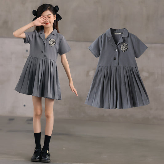 New Design Summer Kids Girls Preppy Style Simple Turndown Collar Button Open Front Pleated Dress