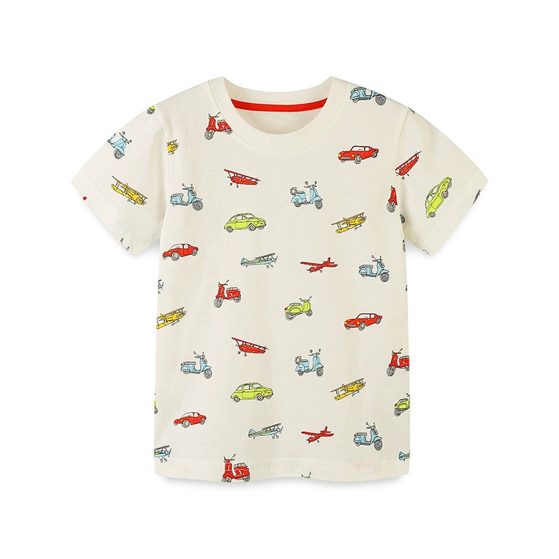 Summer Boys’ Cars and Planes Cartoon Pattern T-shirt in European and American Style, MyKids-USA®, Baby & Toddler Tops, MyKids-USA - Size/Age - 90 (12-24M) - Color - Apricot -  -  - TR2505241913-A