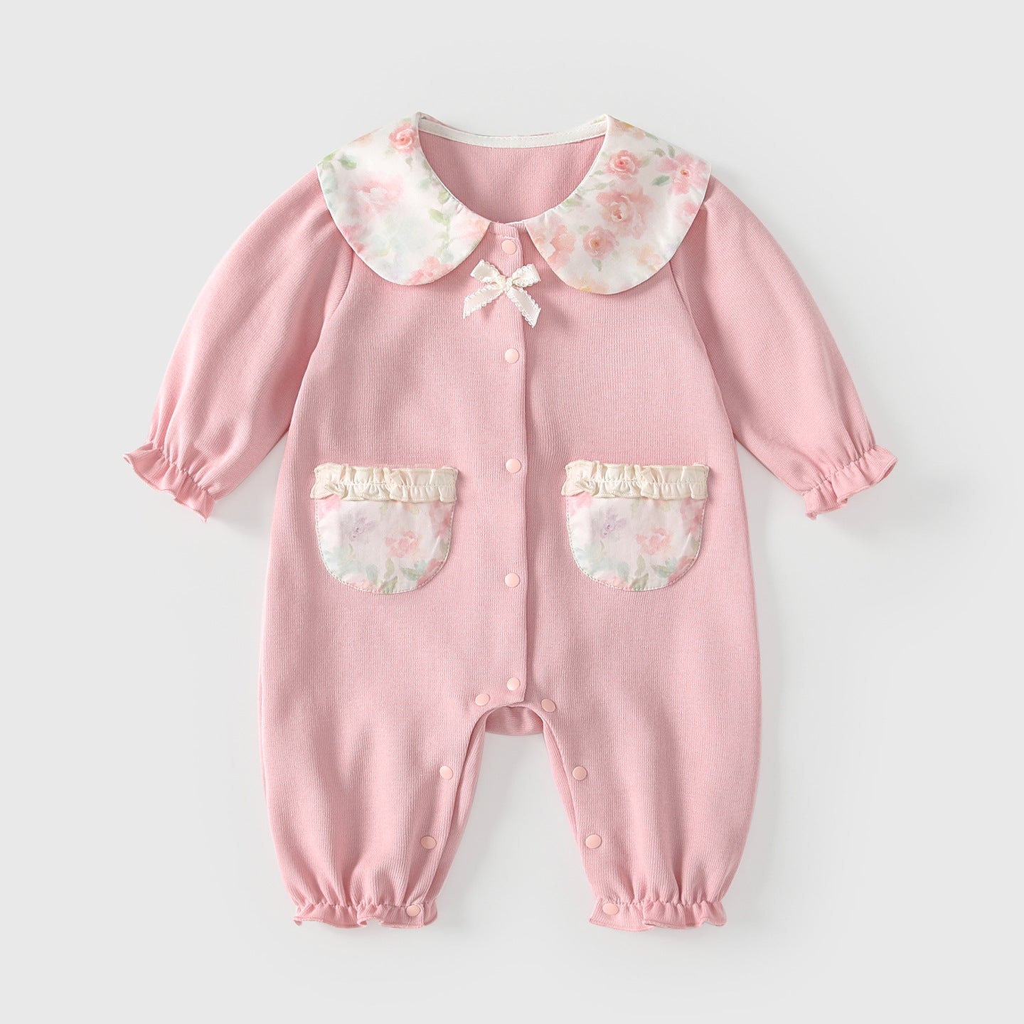 Arrival Spring Baby Girls Pink Single Breasted Long Sleeves Rompers with Floral Pattern Collar, MyKids-USA®, Baby One-Pieces, MyKids-USA - Size/Age - 66 (3-6M) - Color - Pink -  -  - TR2602242340-A.