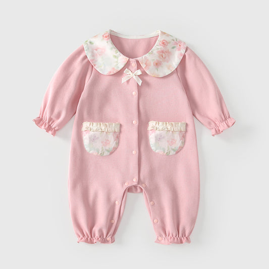 Arrival Spring Baby Girls Pink Single Breasted Long Sleeves Rompers with Floral Pattern Collar, MyKids-USA®, Baby One-Pieces, MyKids-USA - Size/Age - 66 (3-6M) - Color - Pink -  -  - TR2602242340-A.