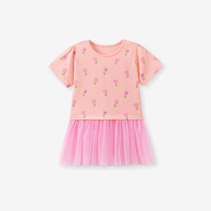 Summer Arrival Flowers Cartoon Pattern Short Sleeves Crew Neck Dress for Stylish Girls, MyKids-USA®, Baby & Children's Dresses, MyKids-USA - Size/Age - 90 (12-24M) - Color - Pink -  -  - TR2605022154-A.