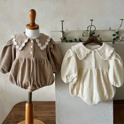 Arrival Baby Girls Long Sleeves Waffle Grid Onesie with Floral Collar, MyKids-USA®, Baby One-Pieces, MyKids-USA -  -  -  -  -  -  - 