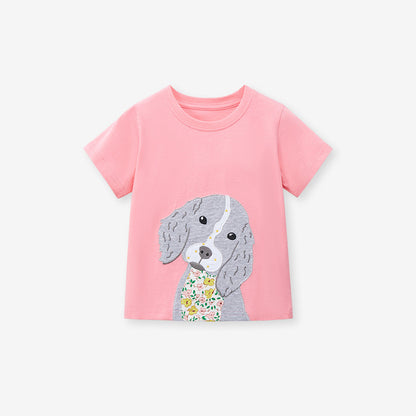 Cute Knit Round Neck Peppy Dog Cartoon Girls’ T-Shirt In European And American Style For Summer