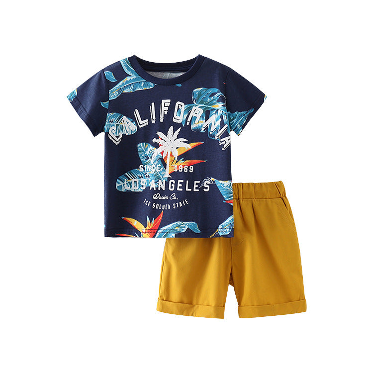 Summer Baby Kids Cool Leaves and Letters Pattern T-shirt and Shorts Clothing Set for Boys, MyKids-USA®, Baby & Toddler Outfits, MyKids-USA - Size/Age - 100 (2-3Y) - Color - Brown -  -  - TR2505131936-A
