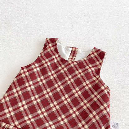 Spring Arrival Baby Kids Girls Cute Argyle and Plaid Pattern Sleeveless Dress with Hat