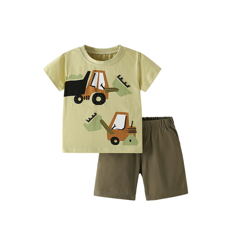 Summer Baby Kids Casual Excavator Cartoon Pattern T-shirt and Shorts Clothing Set for Boys, MyKids-USA®, Baby & Toddler Outfits, MyKids-USA - Size/Age - 100 (2-3Y) - Color - Green -  -  - TR2505181055-A