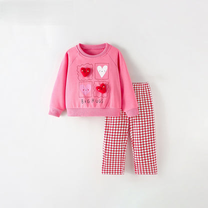 MyKids-USA® Winter and Autumn Baby Kids Girls Hearts Cartoon Pattern Long Sleeves Sweatshirt and Plaid Pants Clothing Set