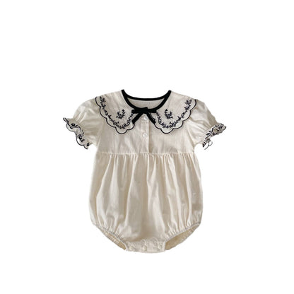 Summer Baby Girls Vine-Embroidered Collar Short Sleeves Onesies, MyKids-USA®, Baby One-Pieces, MyKids-USA - Size/Age - 66 (3-6M) - Color - Beige -  -  - TR2403172329-A
