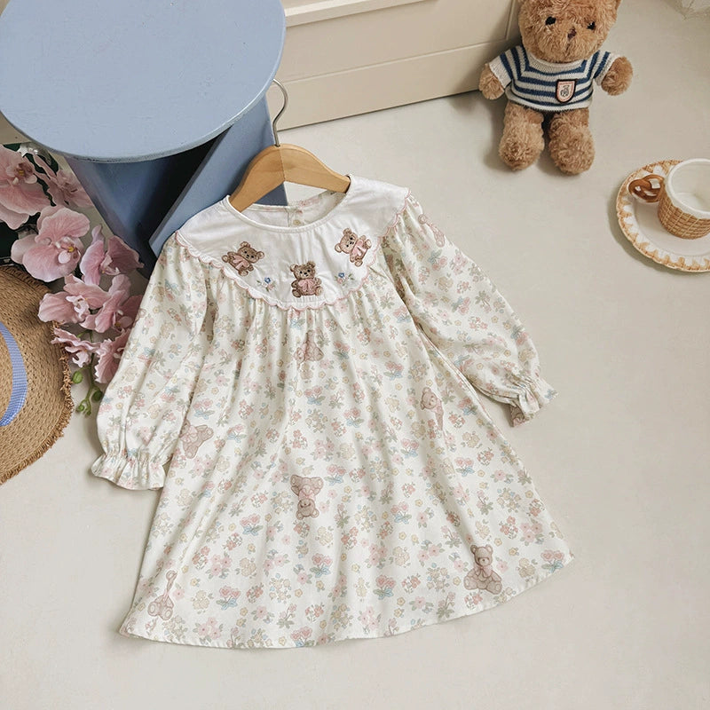 Arrival Autumn Girls Flowers and Teddy Bears Pattern Long Sleeves Dress, MyKids-USA®, Baby & Toddler Dresses, MyKids-USA - Size/Age - 90 (12-24M) - Color - Apricot -  -  - TR2507292206-A