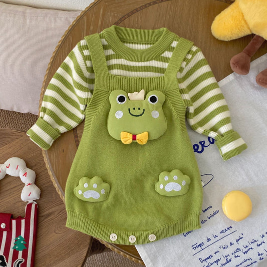 Baby Kids Unisex Long Sleeves Striped Pattern Top and Cartoon Bodysuit Overalls Knitted Clothing Set, MyKids-USA®, Baby & Toddler Outfits, MyKids-USA - Size/Age - 66 (3-6M) - Color - Green -  -  - TR2512082136-A.
