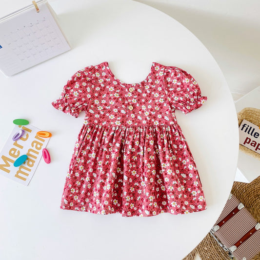 New Design Summer Baby Kids Girls Short Sleeves Crew Neck Backless Floral Dress