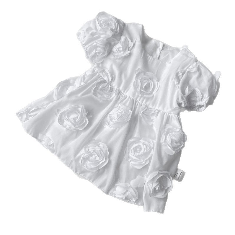 Summer Arrival Baby Girls Short Sleeves Solid Color Flowers Pattern Bodysuit Dress