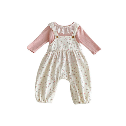 Winter and Autumn Baby Kids Girls Long Sleeves Lace Trim Top and Floral Sleeveless Overalls Clothing Set, MyKids-USA®, Baby & Toddler Outfits, MyKids-USA -  -  -  -  -  -  - 