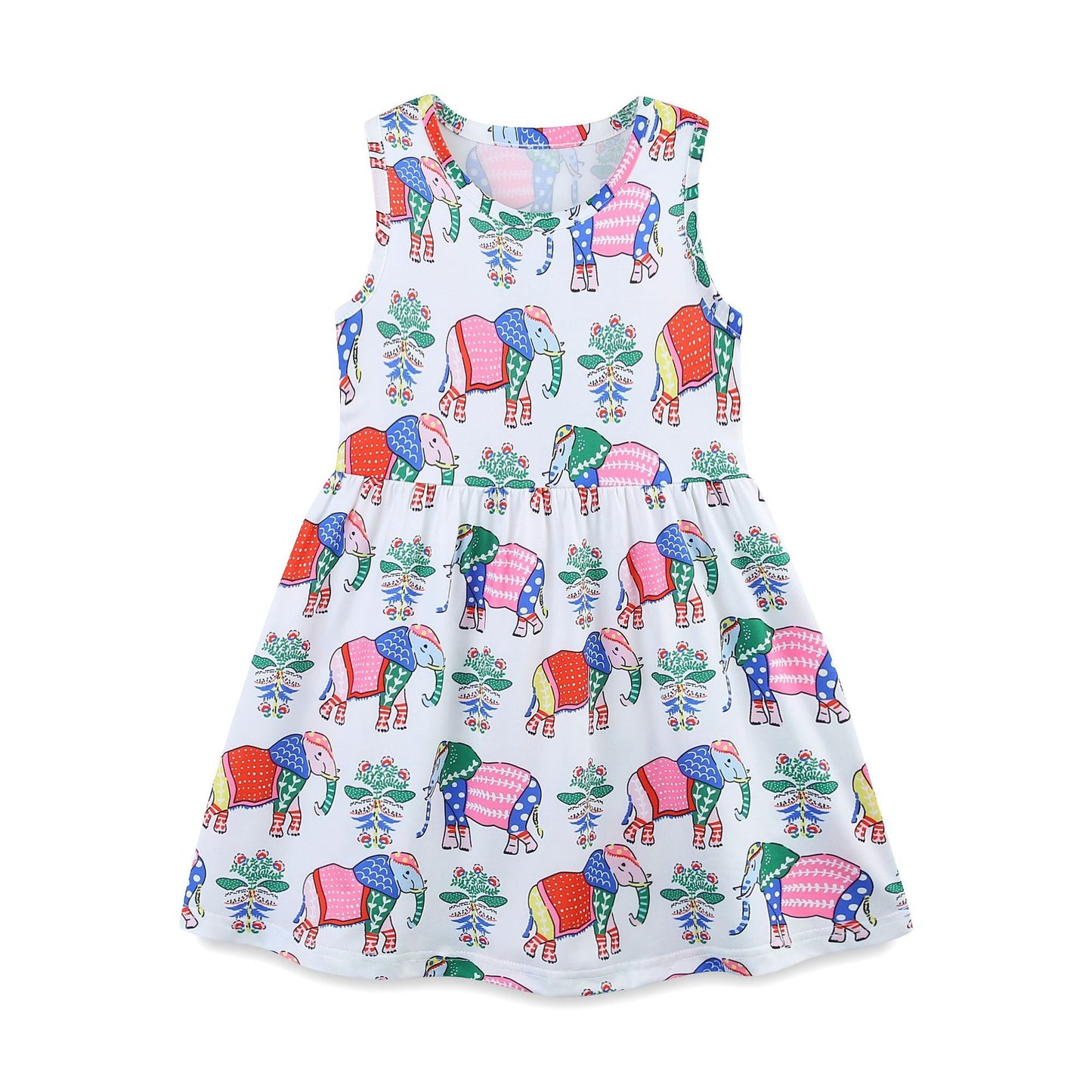 Summer Arrival Colorful Flowers and Elephants Pattern Sleeveless Crew Neck Dress for Stylish Girls, MyKids-USA®, Baby & Toddler Dresses, MyKids-USA - Size/Age - 90 (12-24M) - Color - Blue -  -  - TR2506031653-A