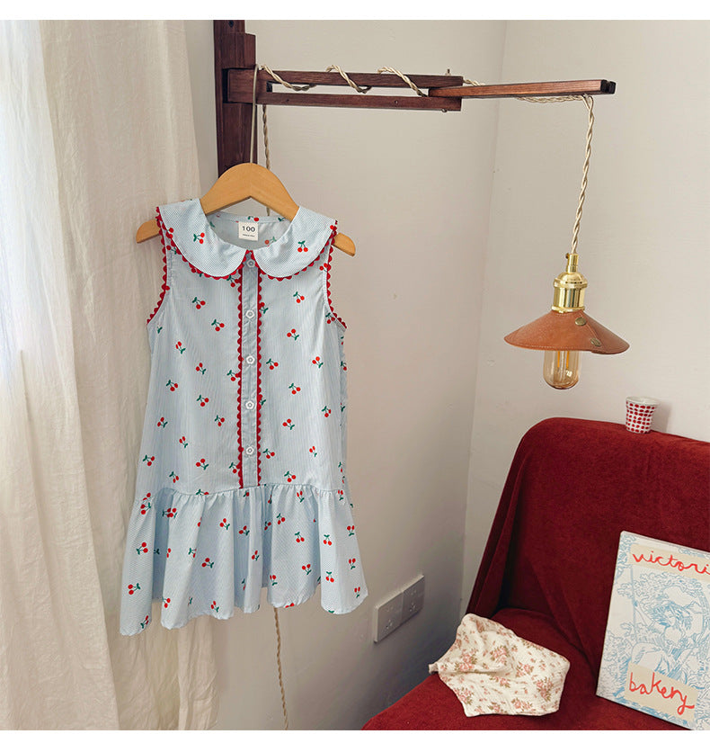 Summer Arrival Baby Girls Sleeveless Cherry Pattern Single Breasted Dress, MyKids-USA®, Baby & Children's Dresses, MyKids-USA - Size/Age - 90 (12-24M) - Color - Blue -  -  - TR2603312351-A.